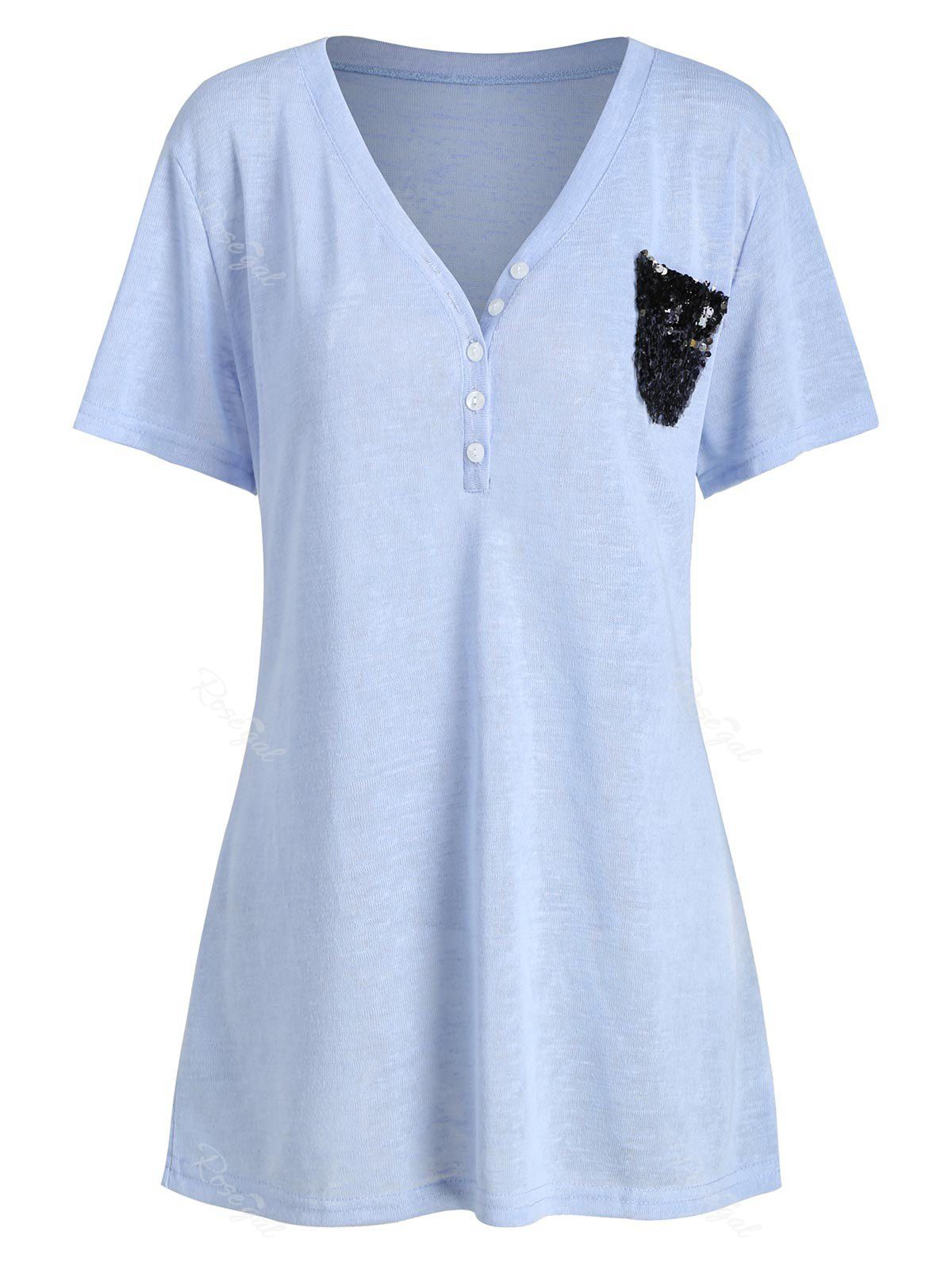 

Plus Size Sequins Half Button Pockets T-shirt, Light blue