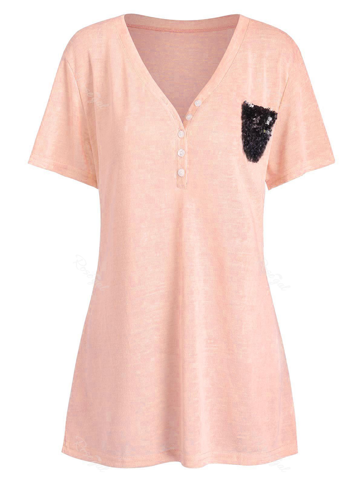 

Plus Size Sequins Half Button Pockets T-shirt, Light pink