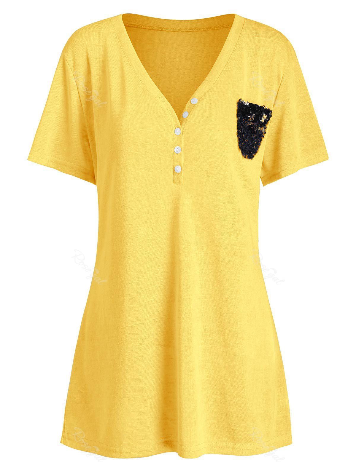 

Plus Size Sequins Half Button Pockets T-shirt, Sun yellow