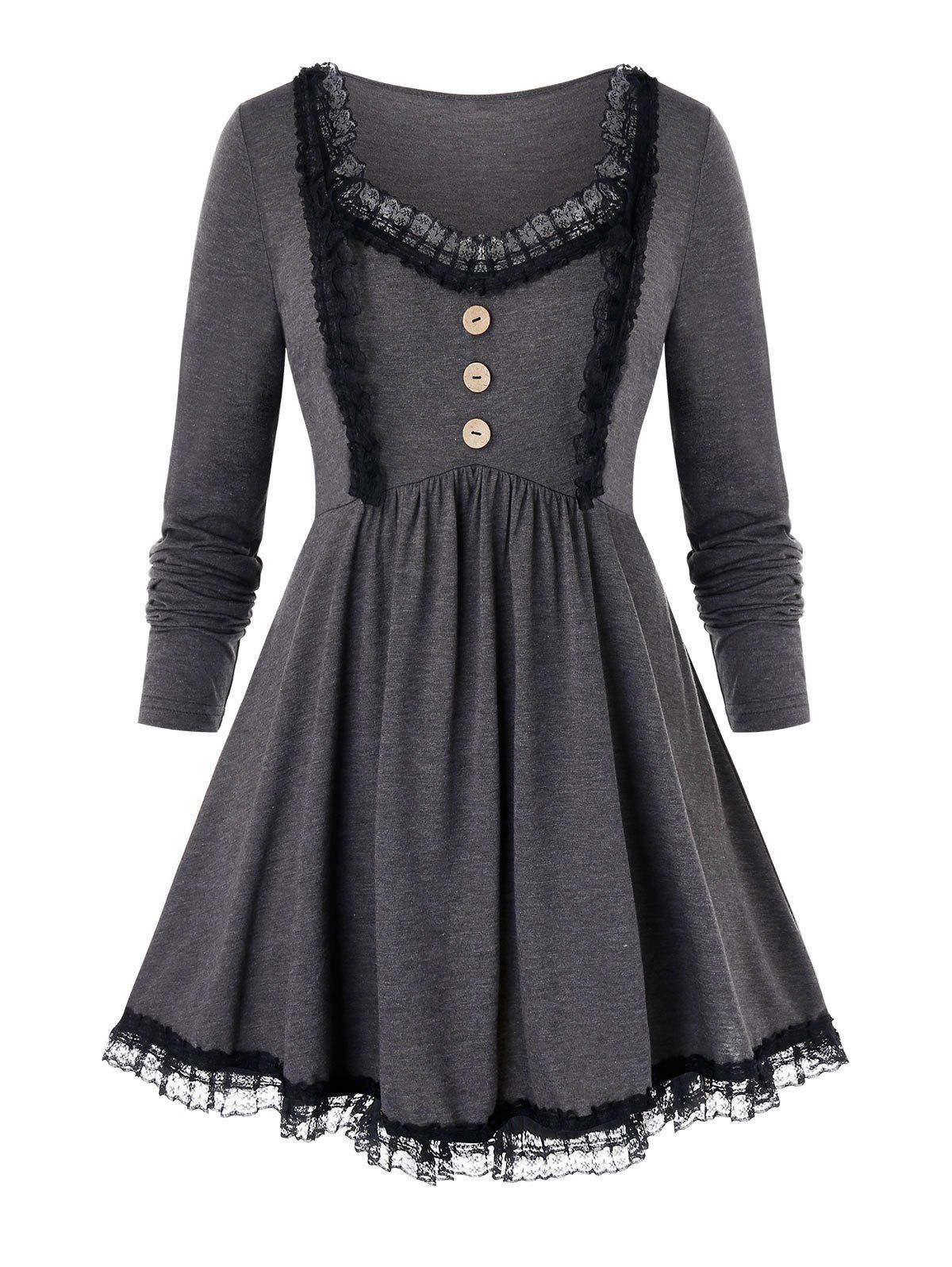 

Plus Size Lace Frilled Trim Sweetheart Neck Tunic Tee, Gray