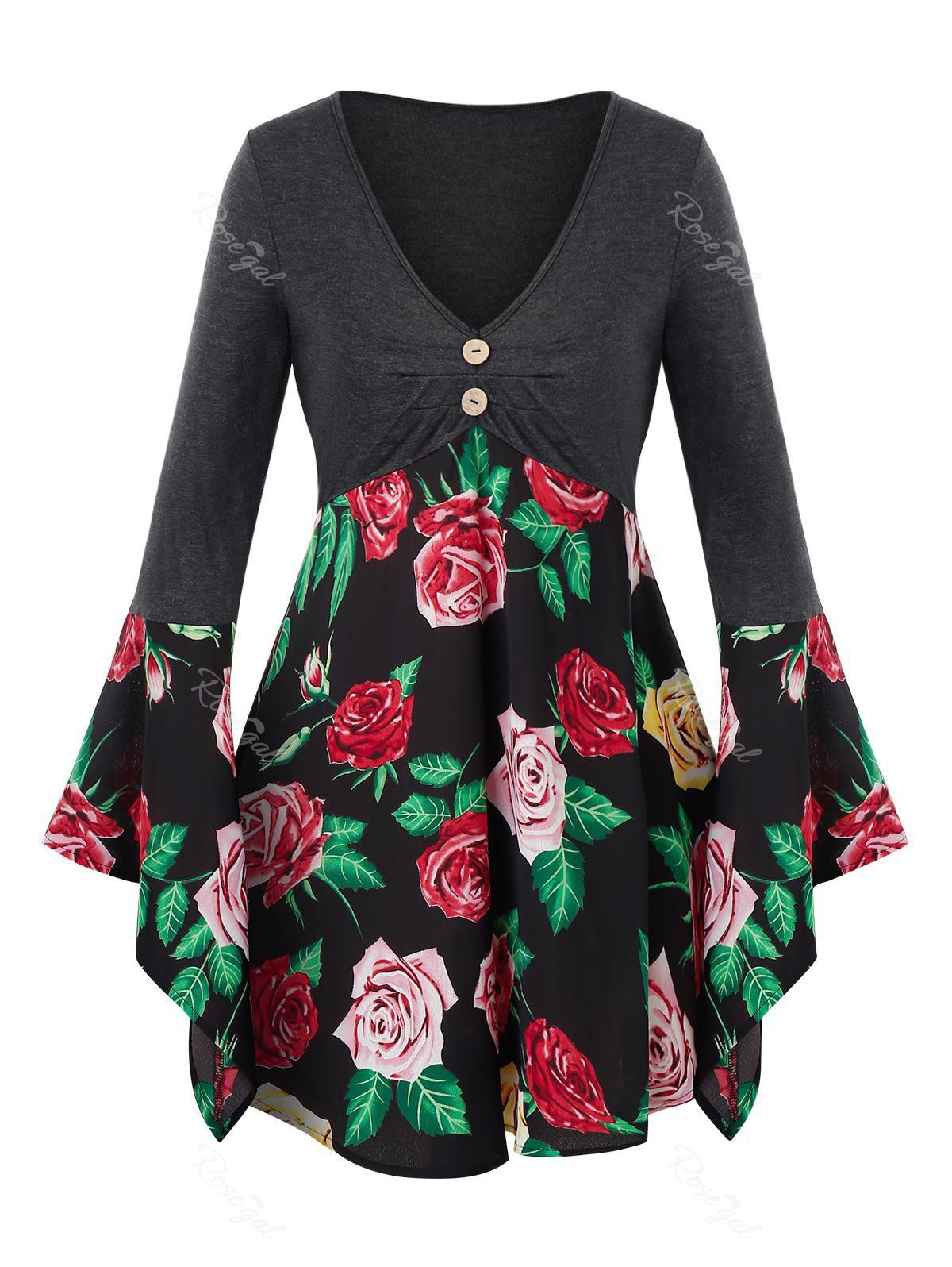 

Plus Size Flower Print Flare Sleeve Contrast Tunic Tee, Black