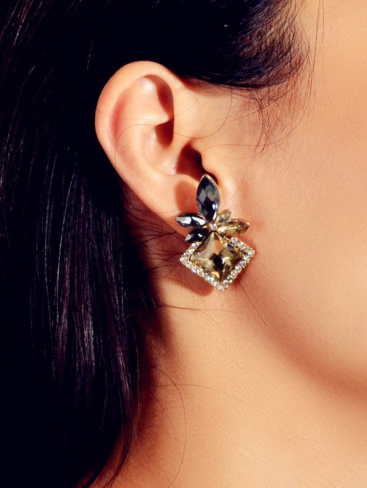 

Faux Gem Rhinestone Decoration Earrings, Gold