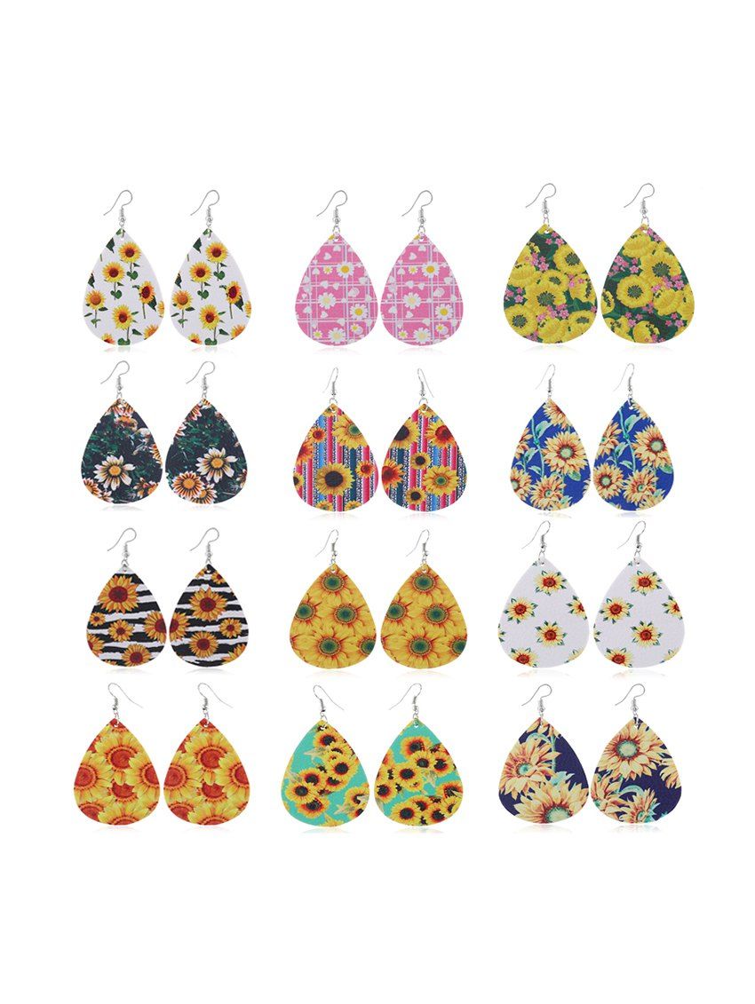 

Sunflower Print Tear Drop Earrings Set, Multi