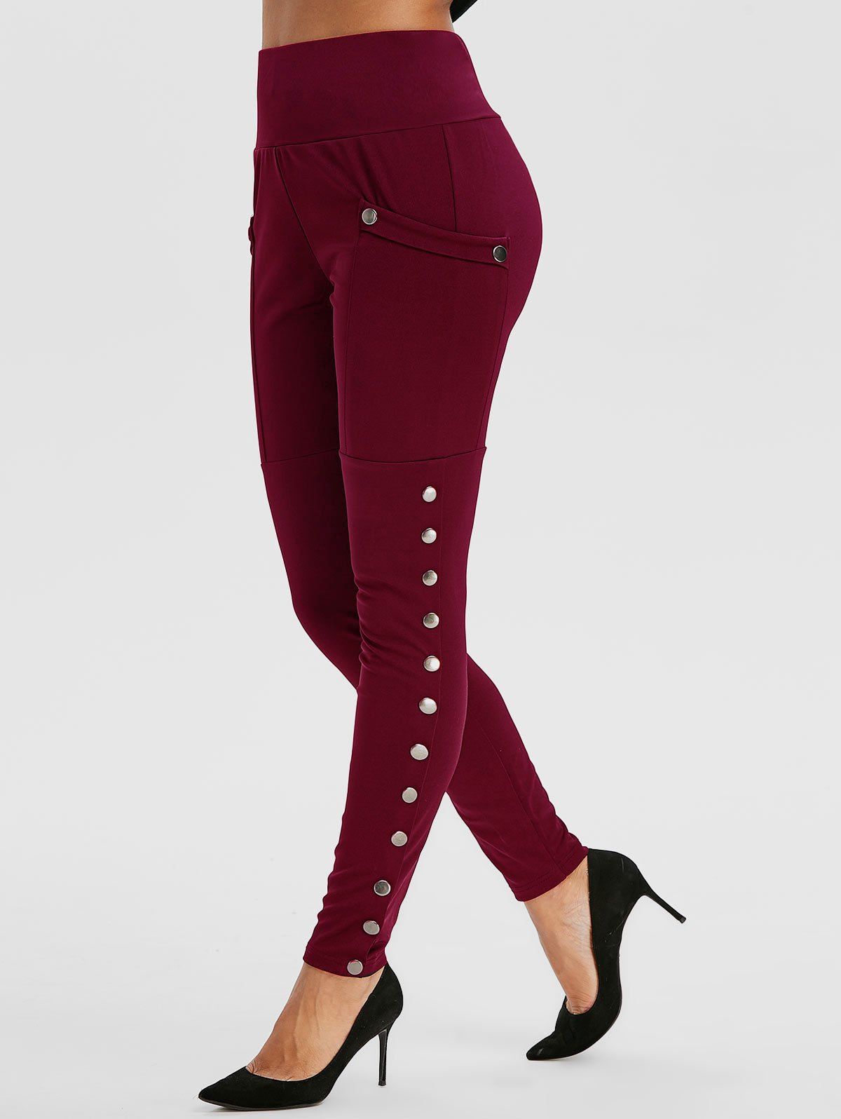 

High Rise Pocket Snap Button Leggings, Red wine