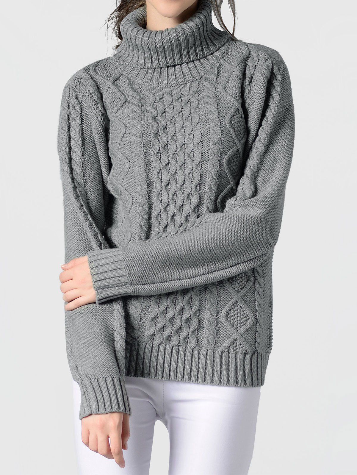 

Cable Knit Turtleneck Pullover Sweater, Gray