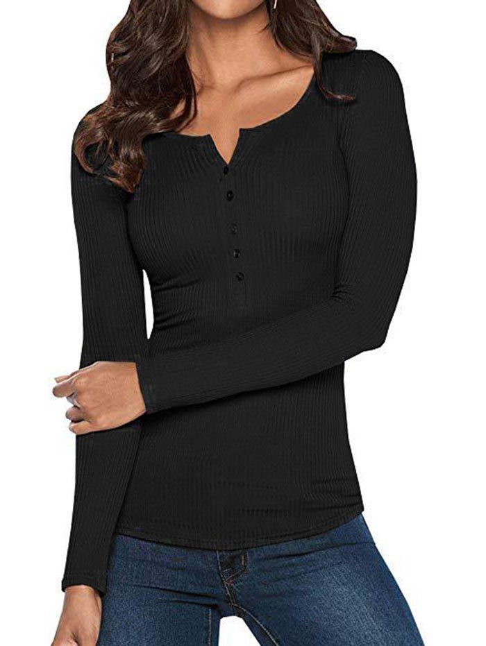 

Half Button Solid V Neck Top, Black