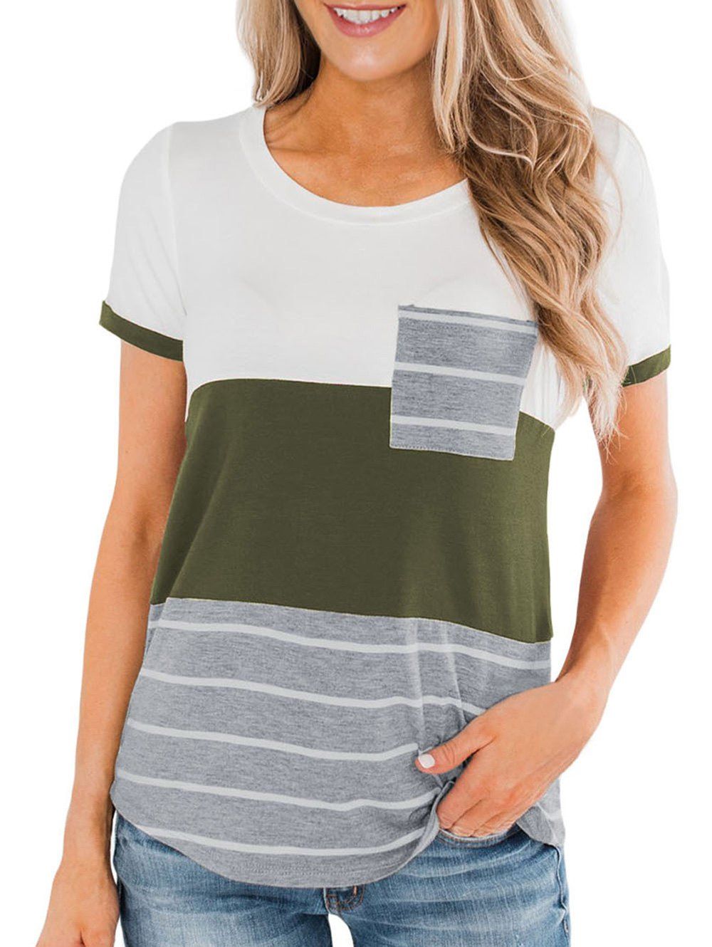 

Pocket Striped Casual T-shirt, Camouflage green