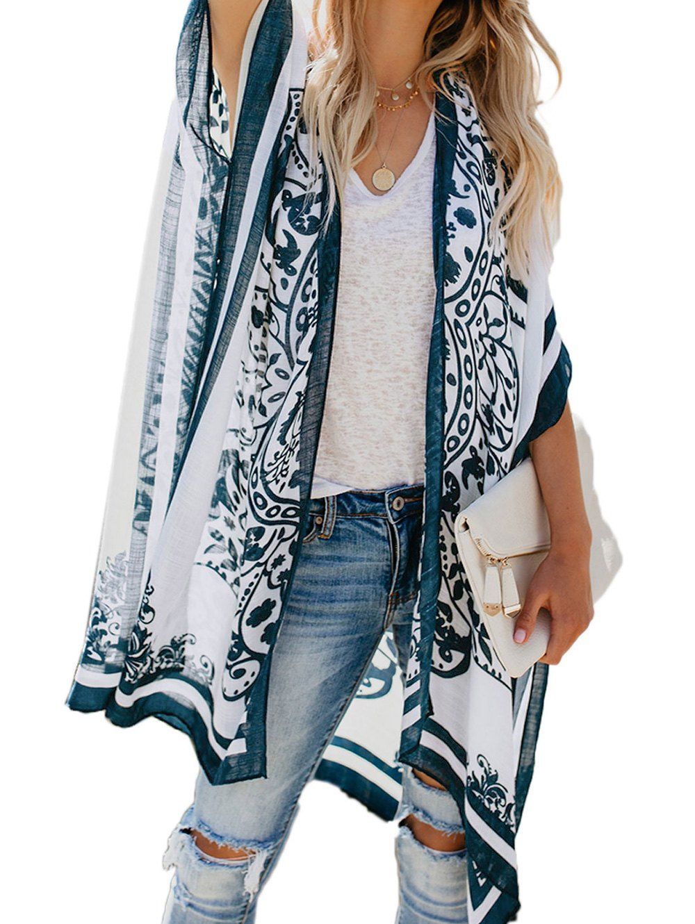 

Collarless Batwing Sleeve Slit Beach Cover Up, White