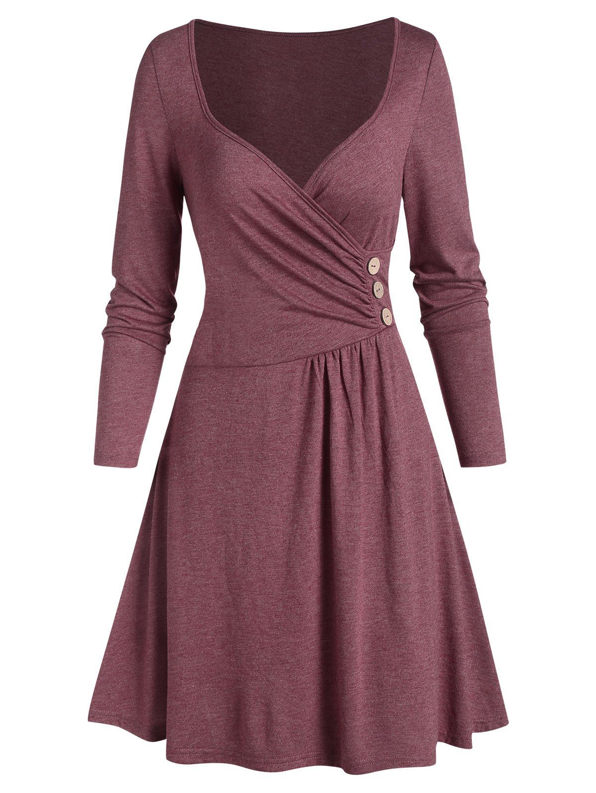 

Plunging Neck Button Mini A Line Dress, Red wine