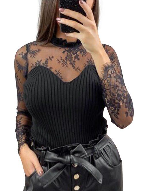 

Lace Panel Ruffle Neck Keyhole Back Knitwear, Black