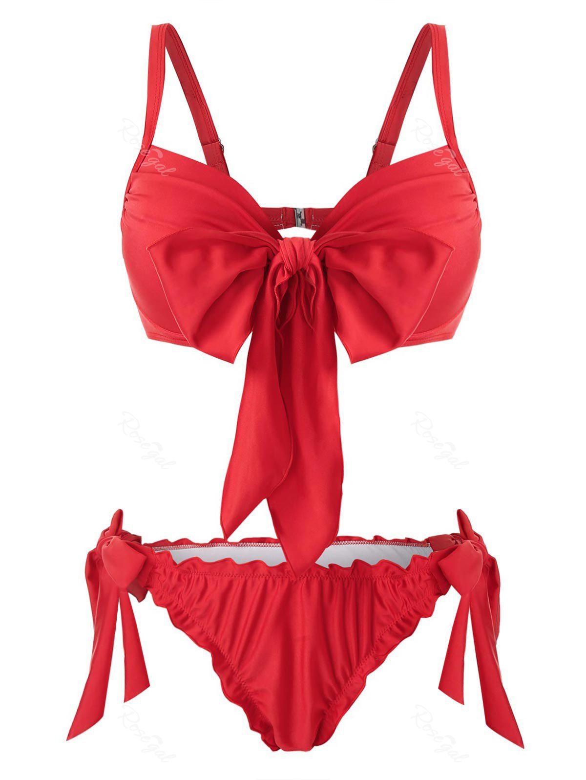 

Plus Size Knotted Frilled Tie Side Ruched Bikini Swimsuit, Red