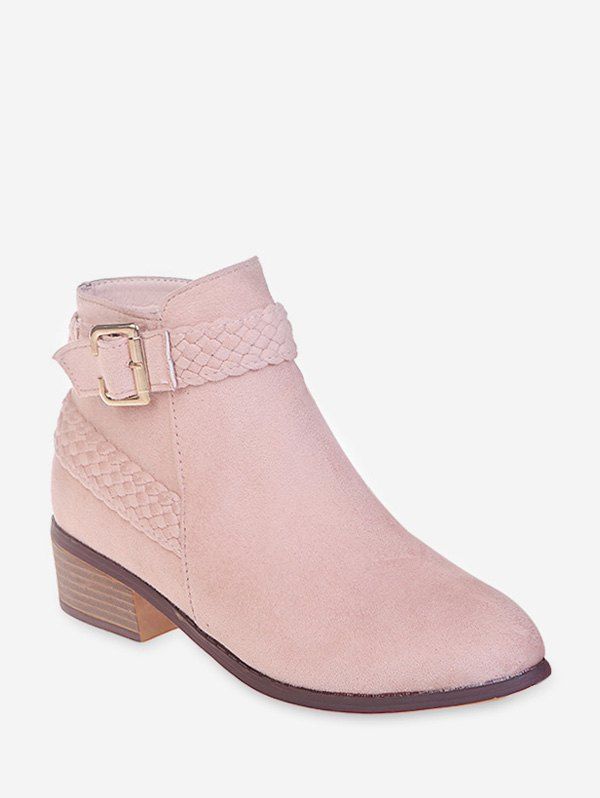 

Braided Strap Suede Stacked Heel Ankle Boots, Light pink