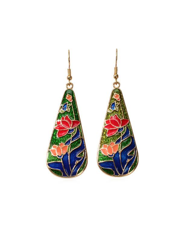 

Chinese Floral Teardrop Hook Earrings, Gold