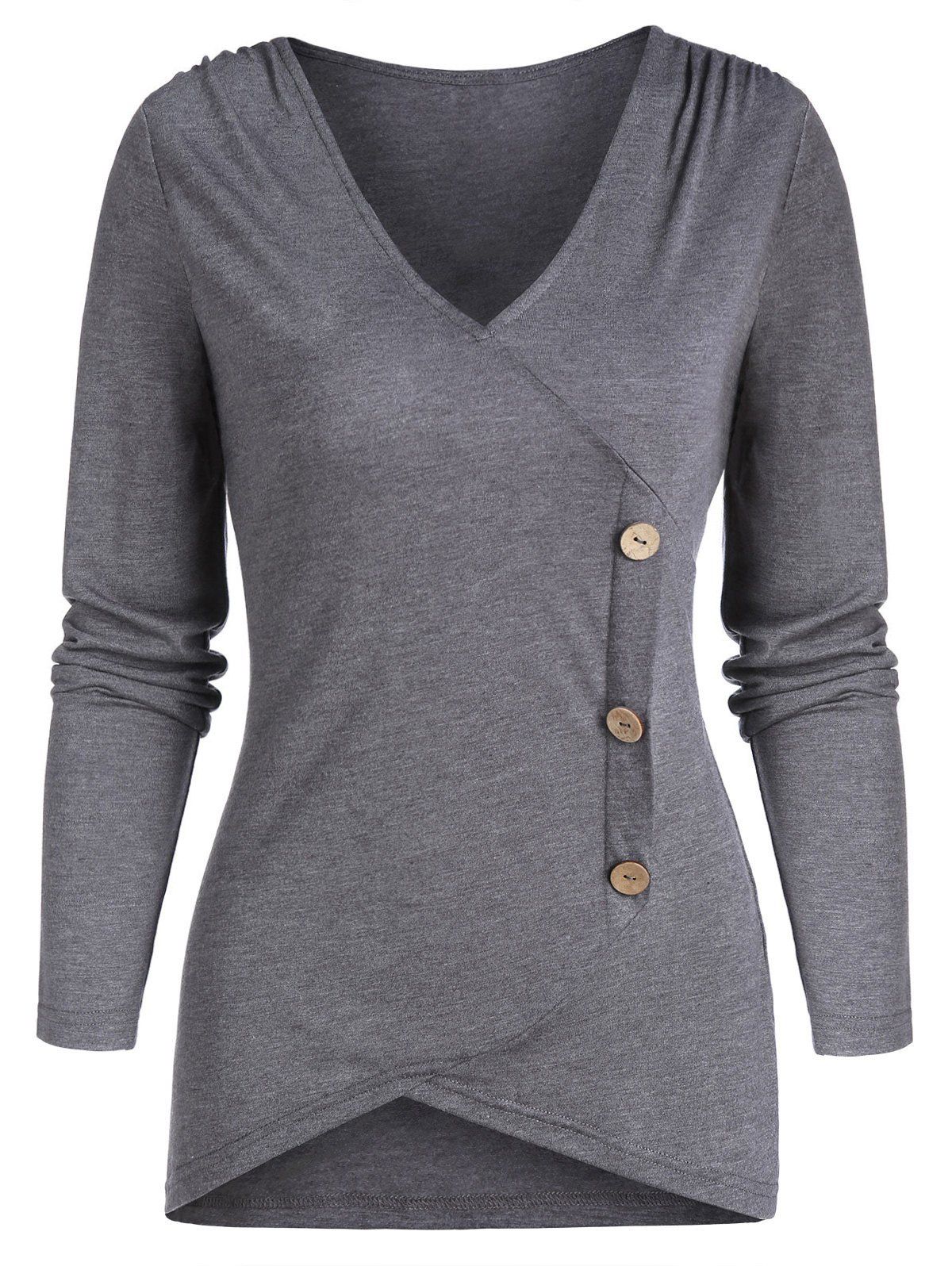 

Plain V Neck Button High Low T Shirt, Gray
