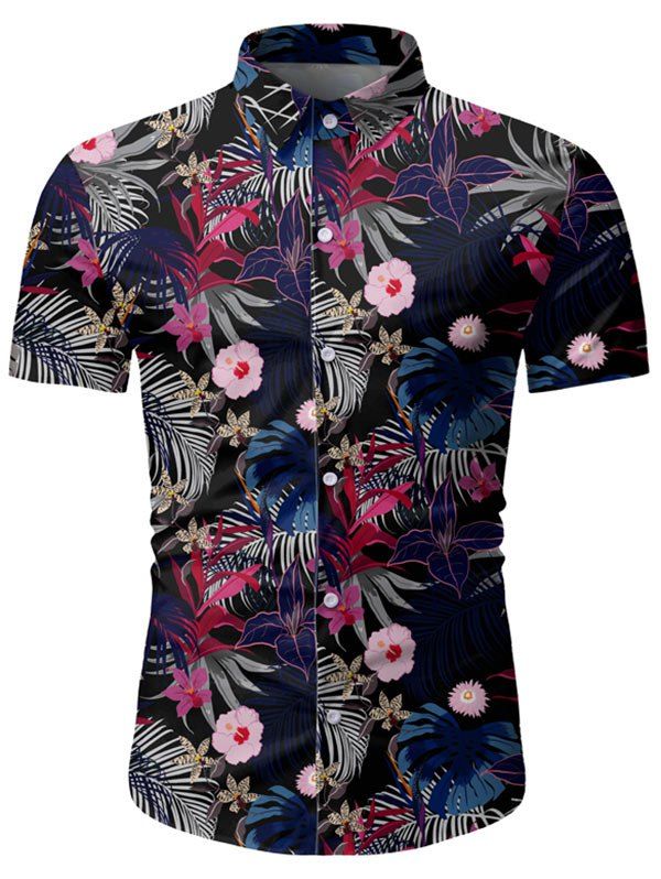 

Leaf Flower Pattern Short Sleeves Shirt, Black