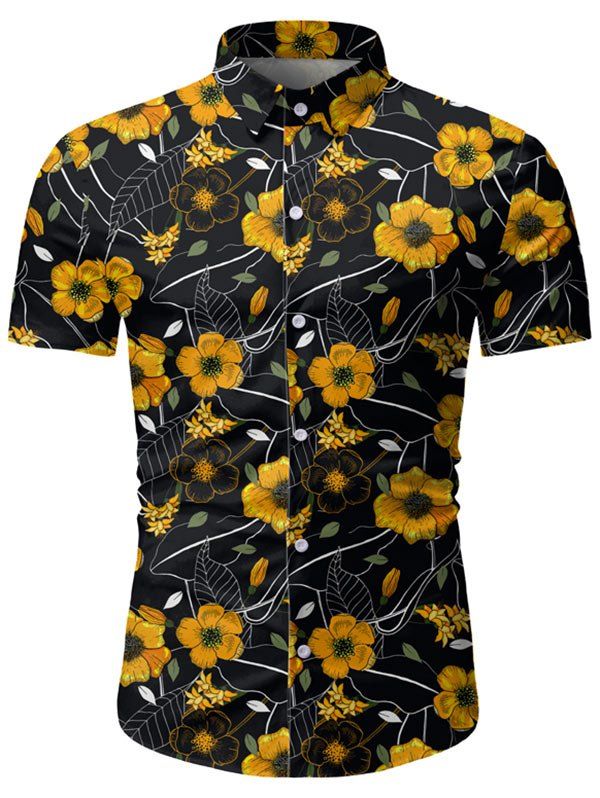 

Floral Pattern Short Sleeves Button Shirt, Black