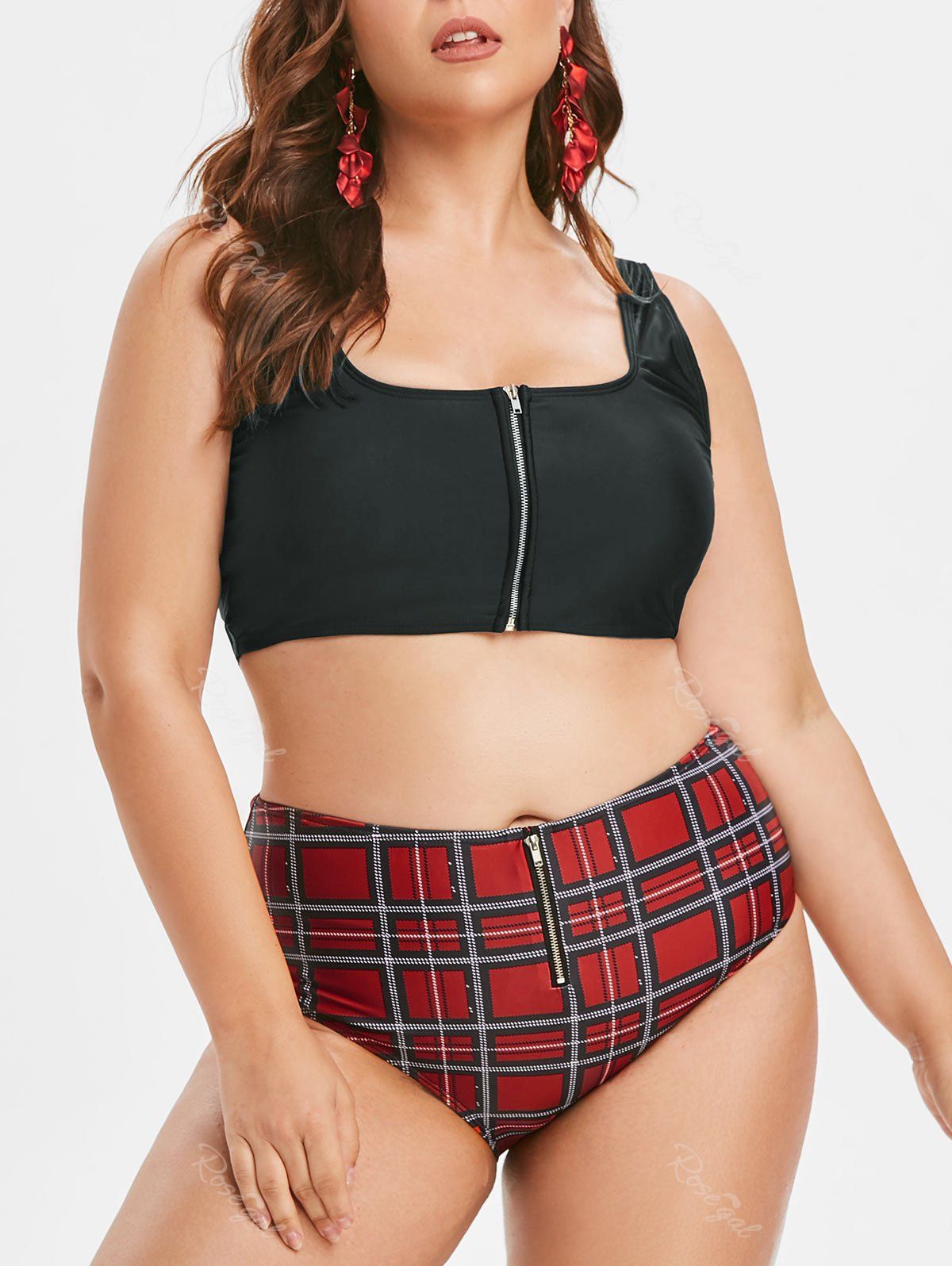 Trendy Plus Size Plaid Zippered Tankini Swimwear  
