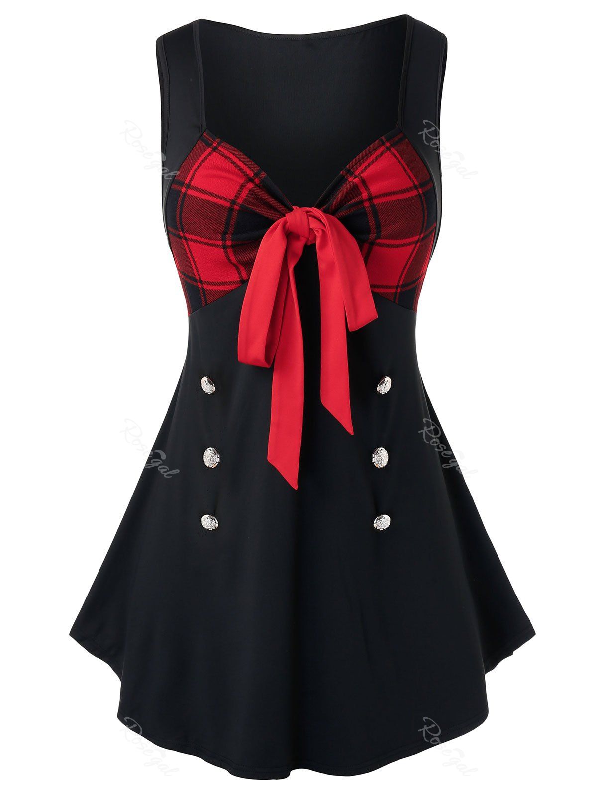 

Plus Size Knotted Plaid Buttoned Tunic Tank Top, Black