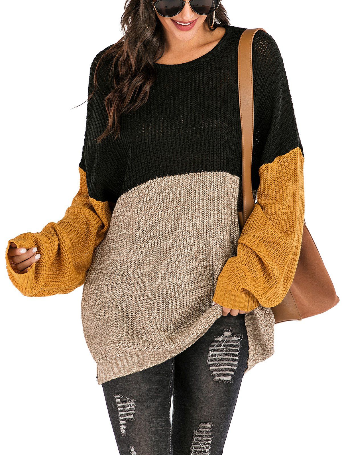 

Oversized Colorblock Tunic Sweater, Black
