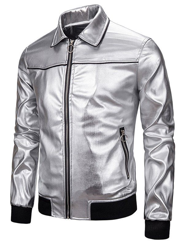 

O-ring Pull Vinyl Leather Zip Up Jacket, Silver
