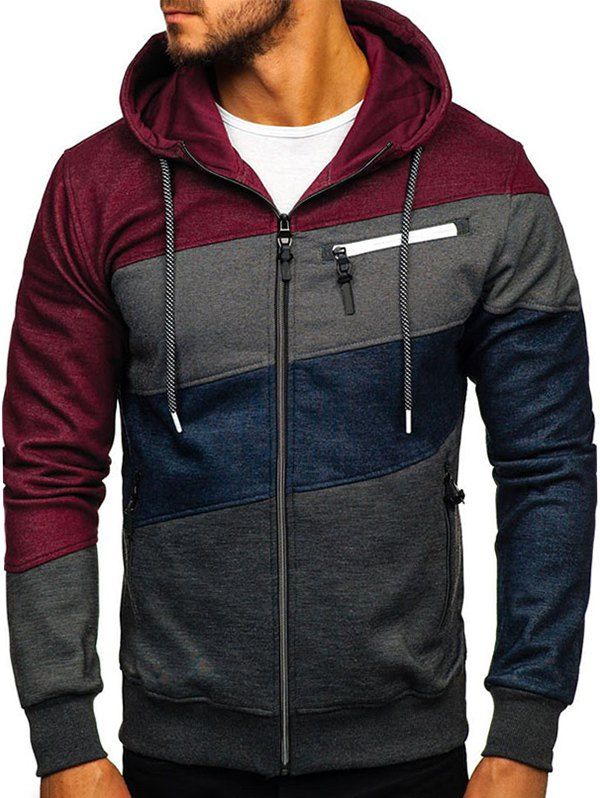

Color Blocking Zipper Up Hooded Sweatshirt, Red wine