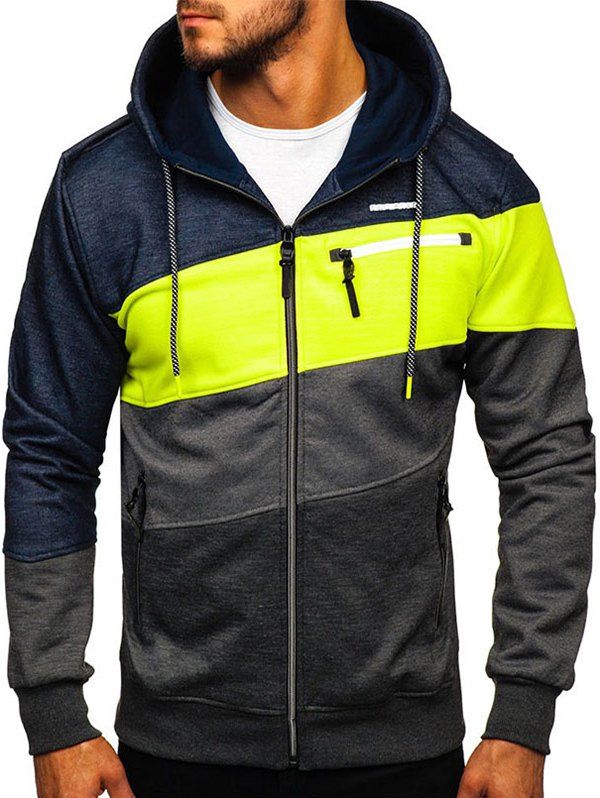 

Color Blocking Zipper Up Hooded Sweatshirt, Cadetblue
