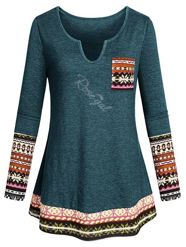 

Plus Size Pocket Tribal Print T Shirt, Medium sea green