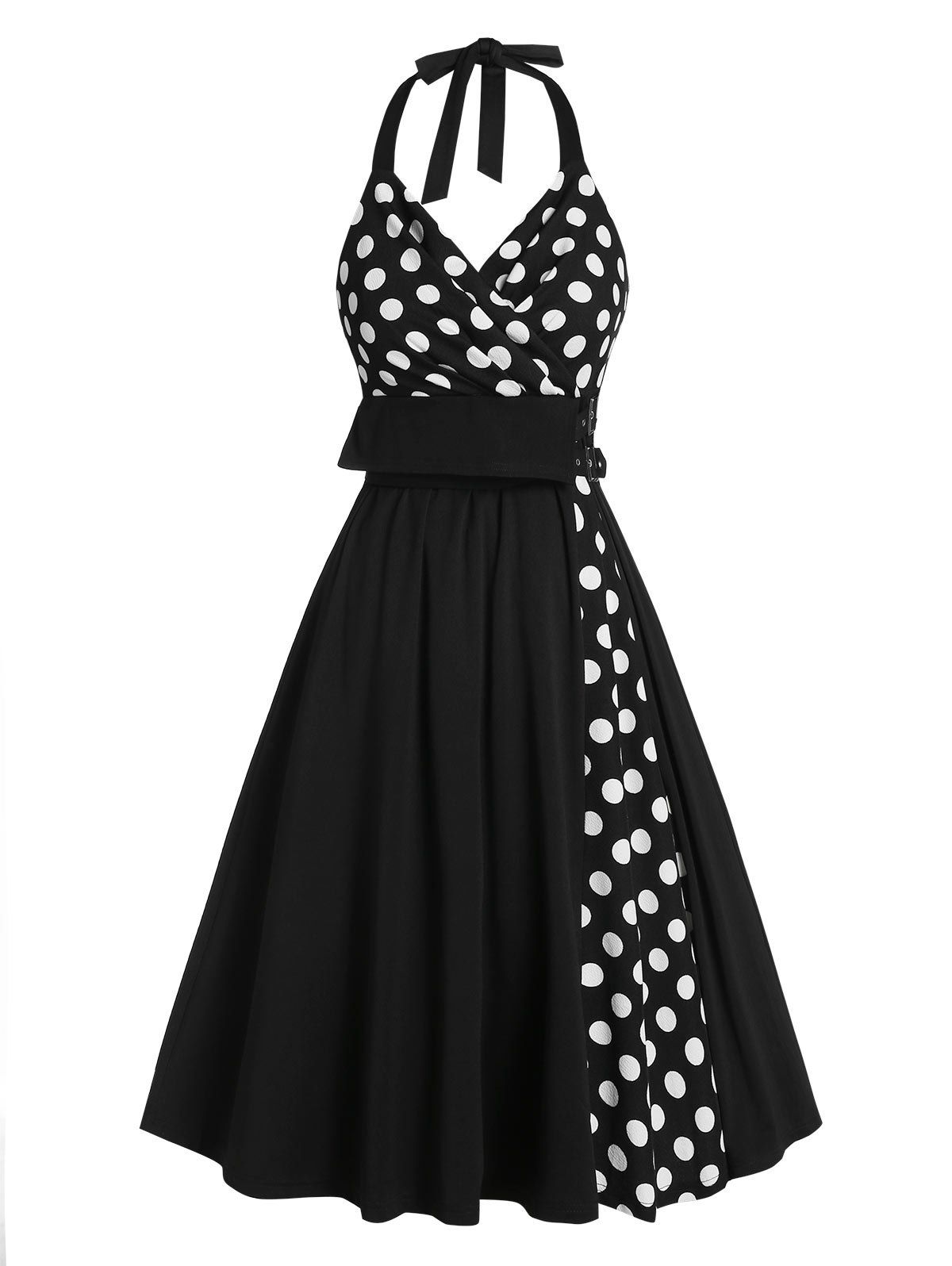 

Polka Dot Print Halter Buckle Strap Vintage Dress, Black