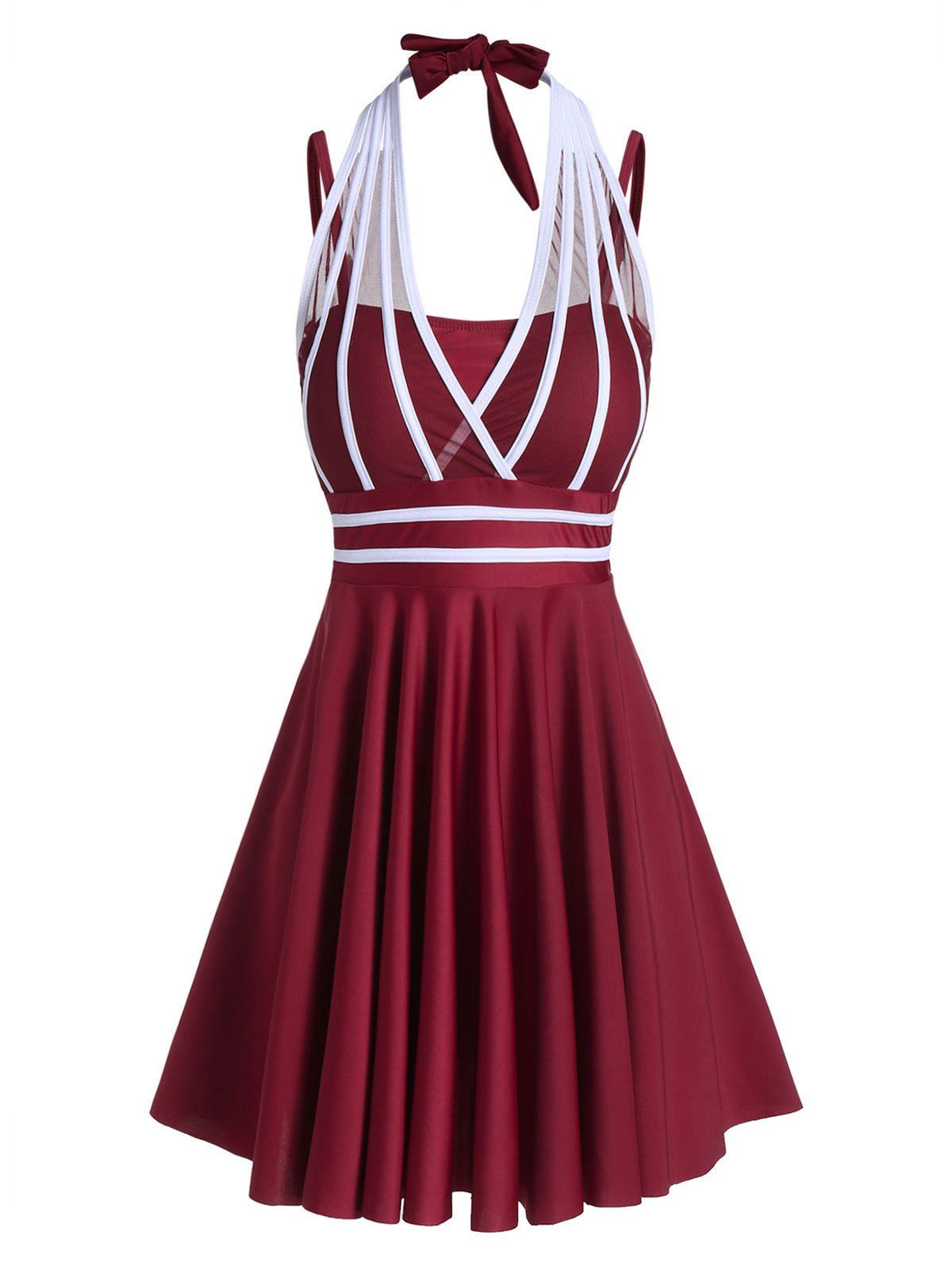 

Contrast Striped Mesh Insert Halter Tankini Swimdress, Red wine
