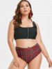 Plus Size Plaid Zippered Tankini Swimwear -  