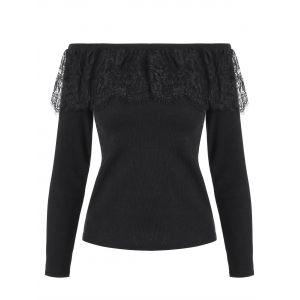 

Lace Panel Long Sleeves Crop Knitwear, Black