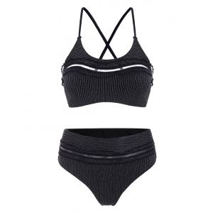 

Metallic Thread Crisscross Frilled Bikini Swimsuit, Black