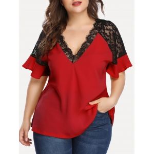 

Plus Size Lace Insert Plunging Neck Blouse, Red