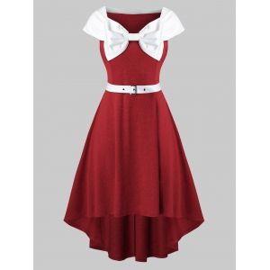

Plus Size Belt Embellished Fit And Flare Dress, Red wine