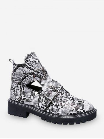 black and white snake print ankle boots