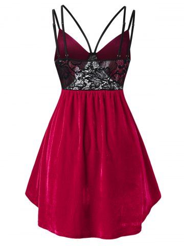 

Plus Size Lace Panel Velvet Backless Cami Lingerie Dress, Lava red