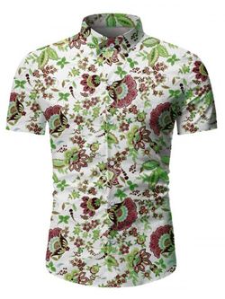 Flower Leaf Pattern Button Short Sleeves Shirt - WHITE - 3XL