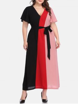 Maxi Vestido de Talla Grande de Bloqueo de Color - RED - 2X