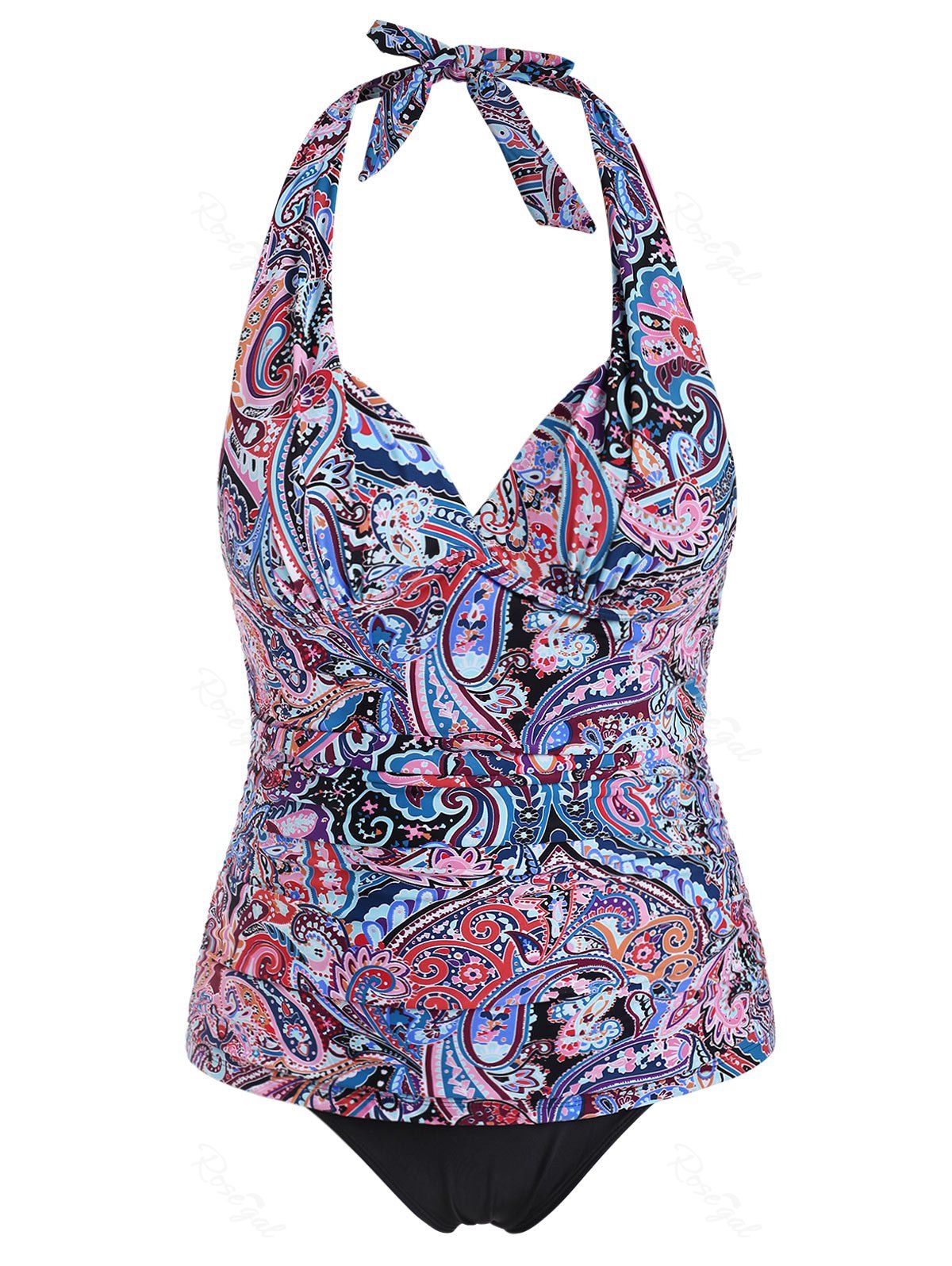 

Halter Paisley Print Ruched Plus Size Tankini Swimsuit, Multi