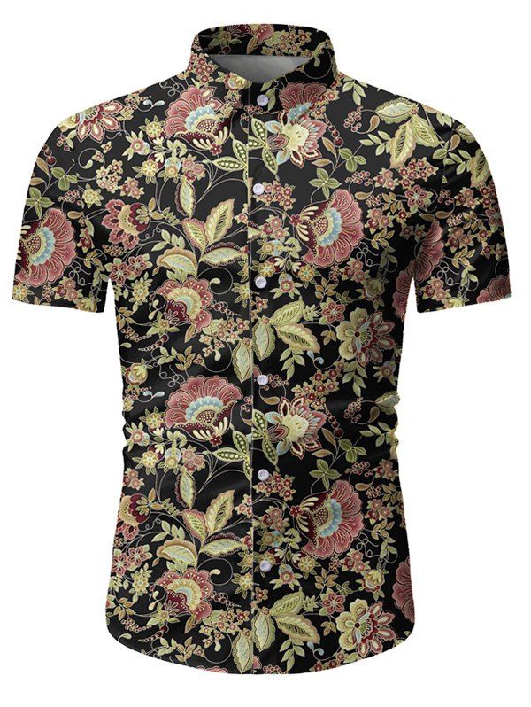 

Flower Leaf Pattern Button Short Sleeves Shirt, Black
