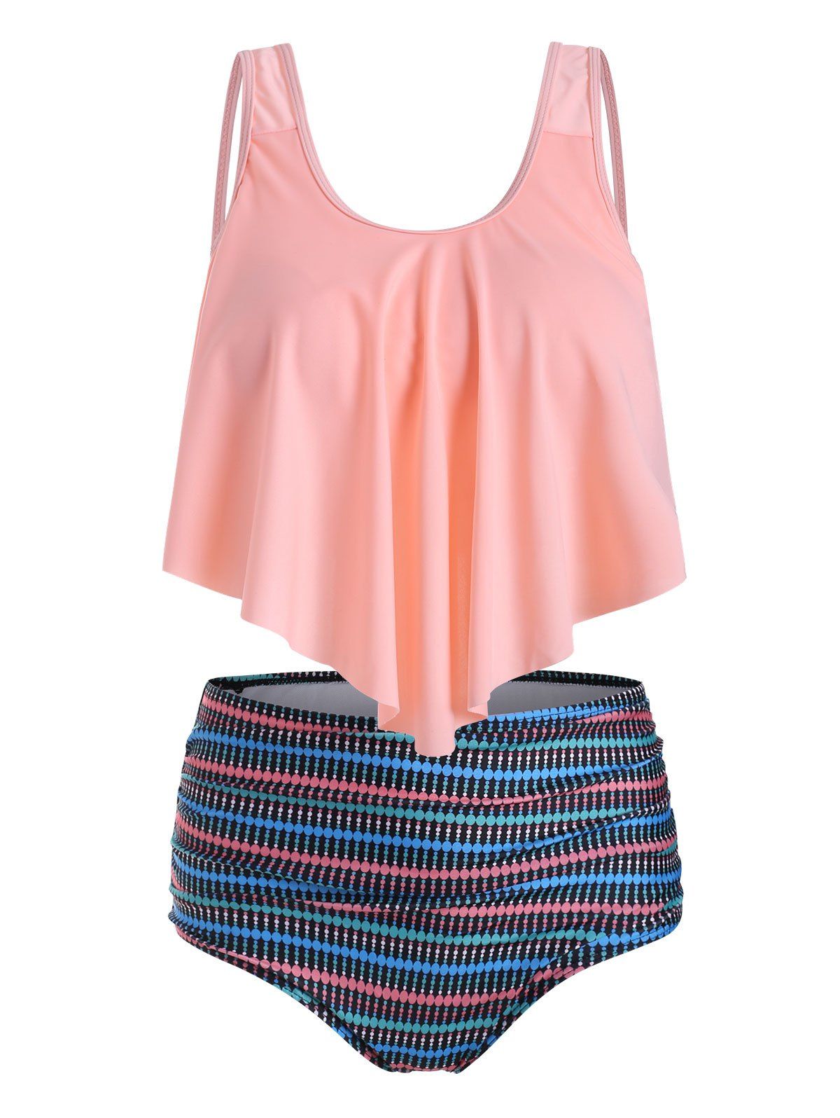 

Printed Overlay Padded Tankini Set, Orange pink