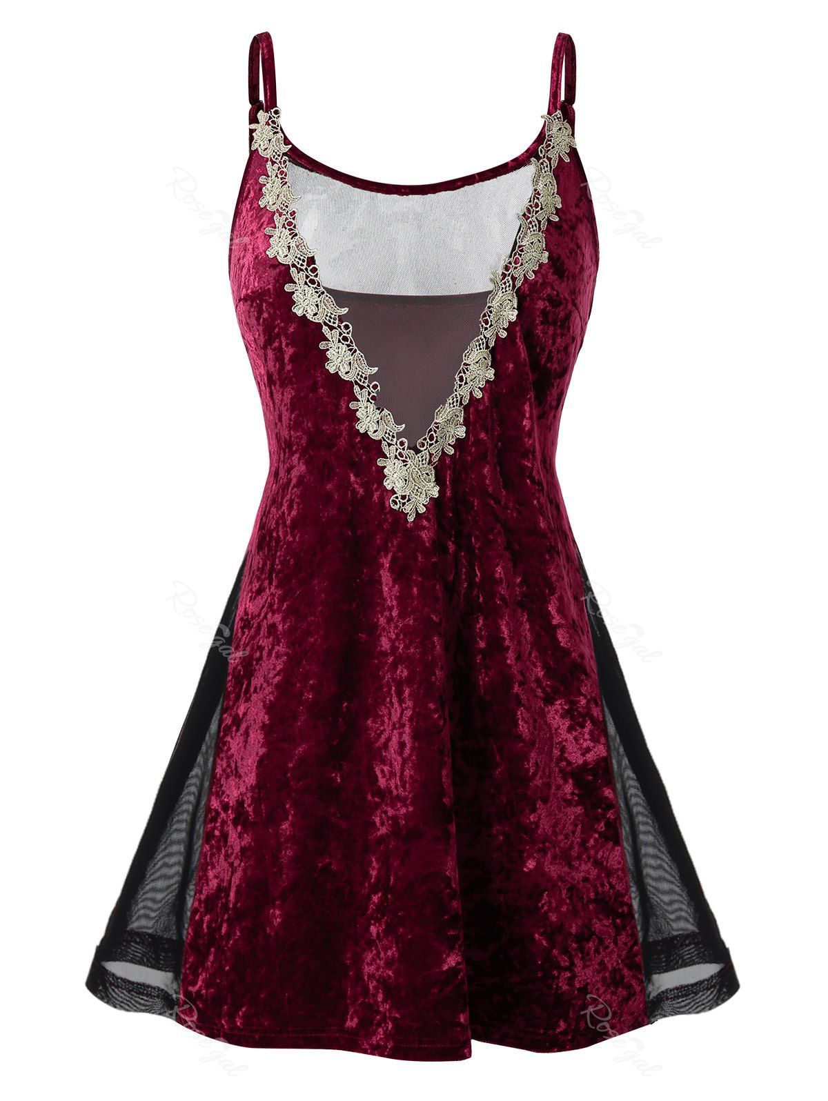 

Plus Size Applique Velvet Sheer Mesh Lingerie Sleepwear Dress, Red wine