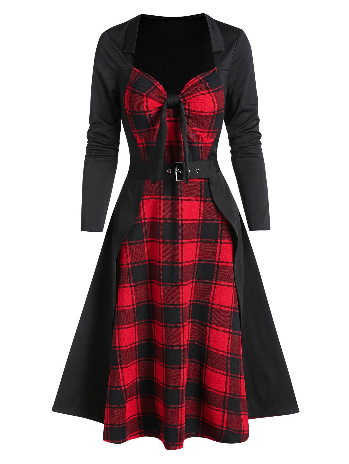 

Plaid Print Buckle Strap Faux Twinset Vintage Dress, Black