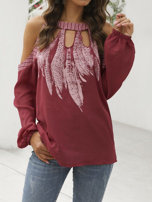 

Feather Open Shoulder Keyhole Blouse, Red wine