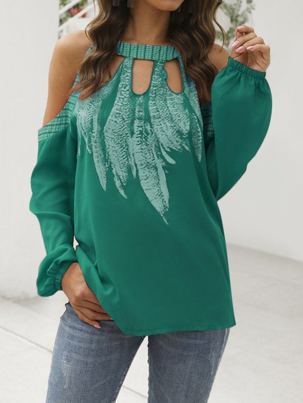 

Feather Open Shoulder Keyhole Blouse, Dark turquoise