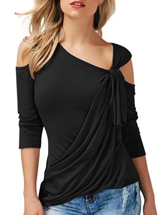 

Open Shoulder Draped Front Knotted T-shirt, Black