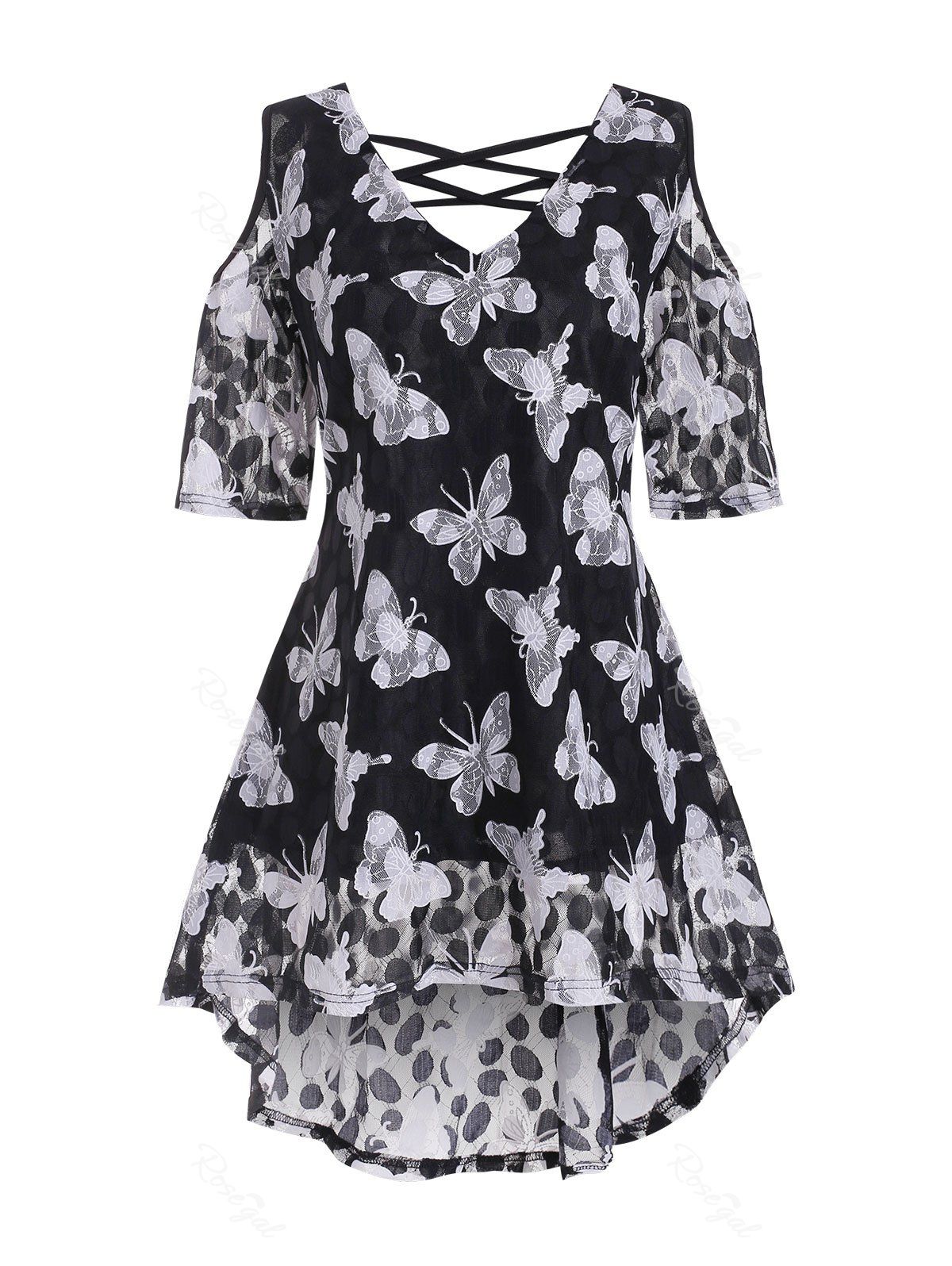 

Plus Size Open Shoulder Crisscross Butterfly Lace Blouse, Black