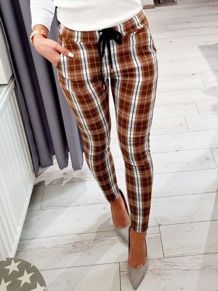 

Pocket Plaid Drawstring Skinny Pants, Brown