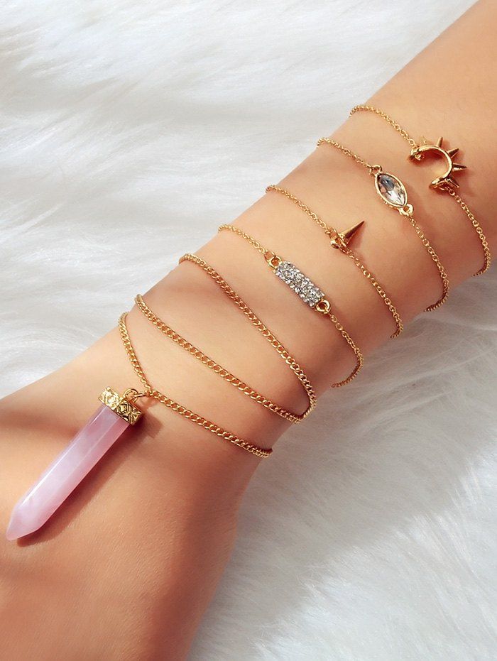 

5 Piece Faux Crystal Point Rhinestone Chain Bracelets Set, Gold