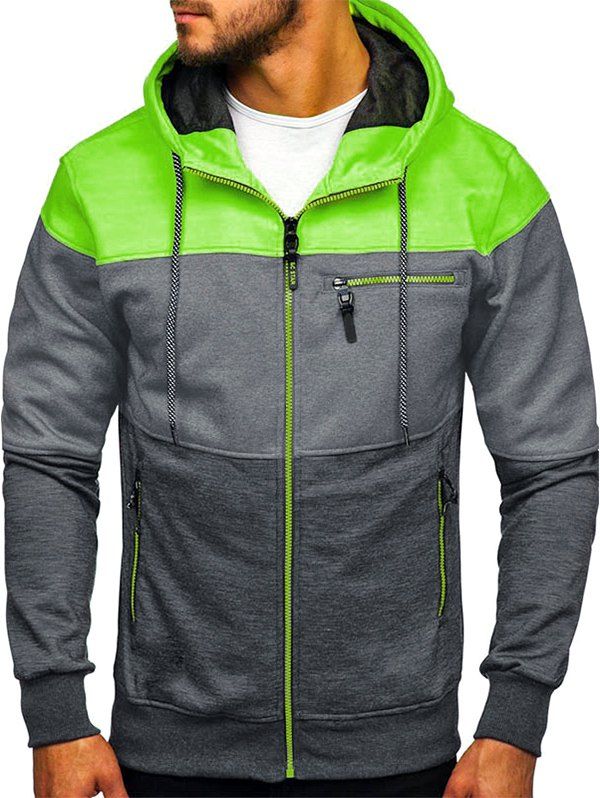

Colorblock Zipper Casual Hooded Sweatshirt, Yellow green